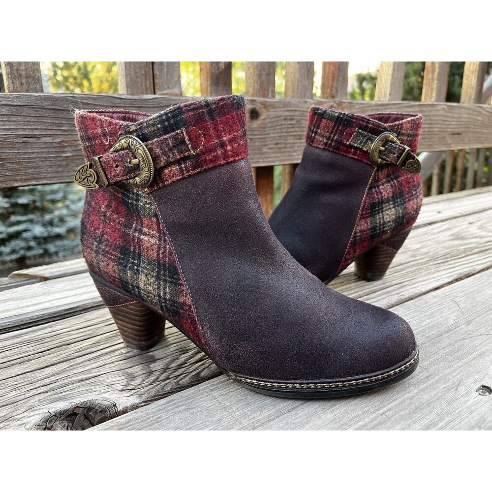 L'Artiste Spring Step Scottala Women's 37 6.5-7 Brown Leather Plaid Ankle Boots